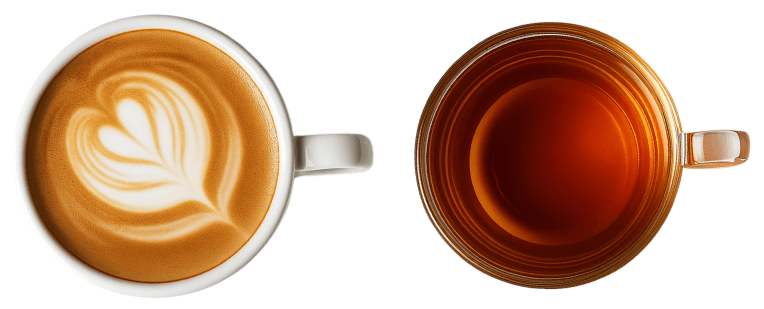 Overhead view of a latte with heart-shaped foam art.