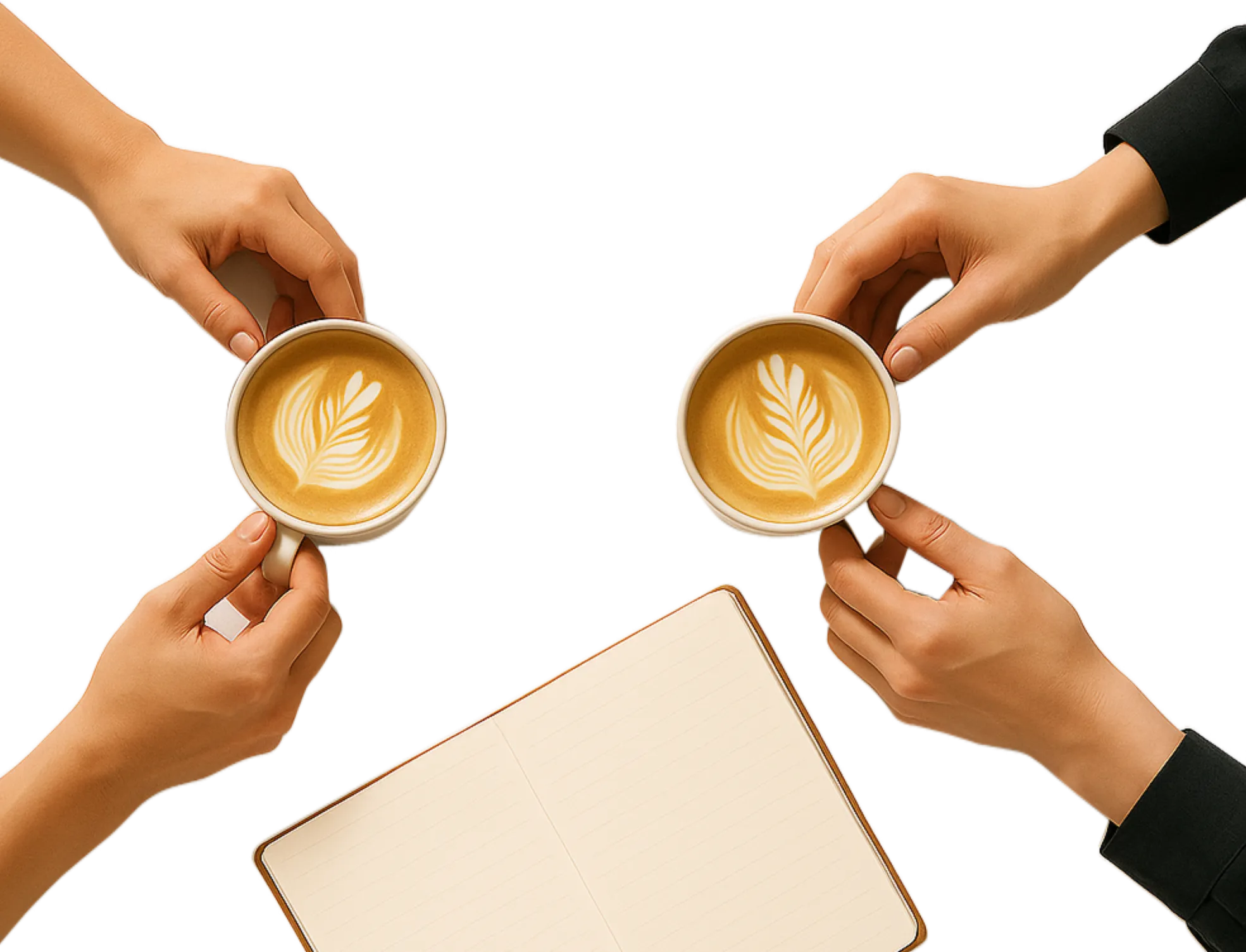 A top down view of two people meeting up to work together with a notebook, coffee, and a laptop.