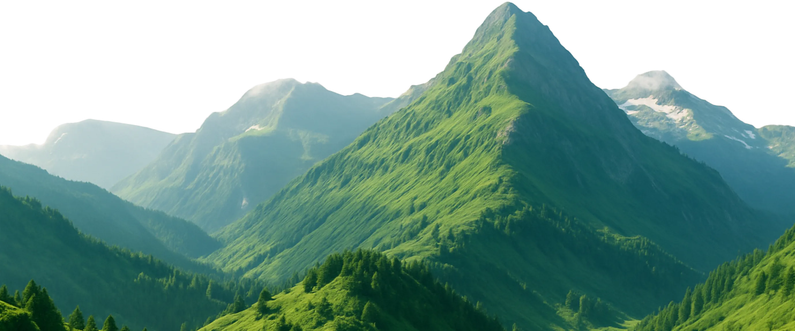 Scenic mountain peaks with lush green slopes and misty valleys, representing travel adventures.