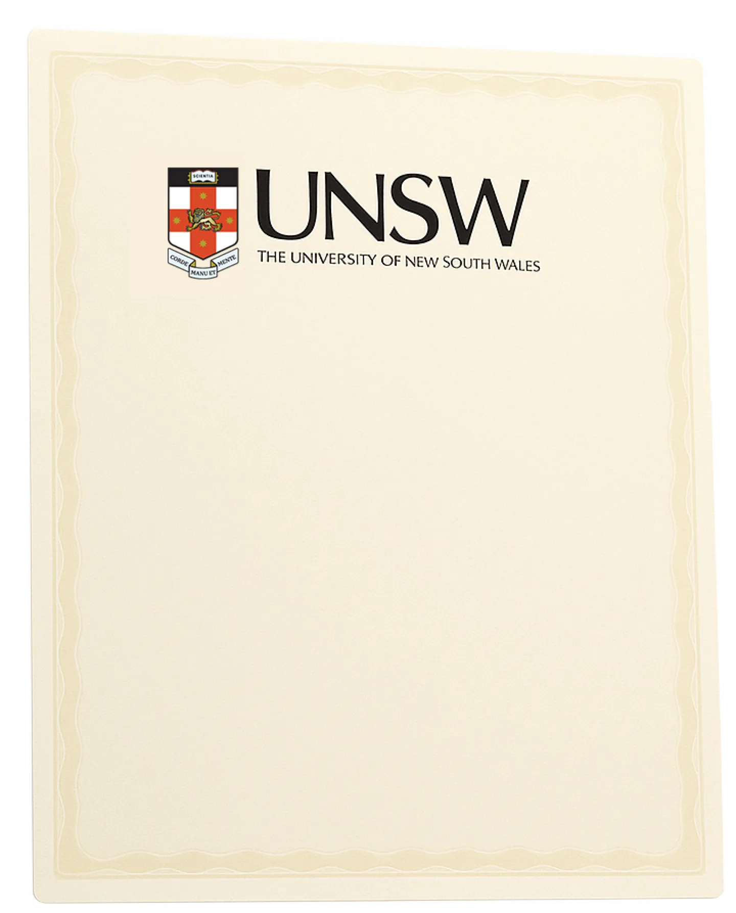 Decorative image of a bachelor certificate paper with the UNSW logo and university name.